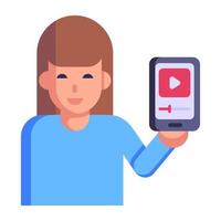 Girl streaming on mobile, flat icon of online video vector