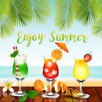 Summer drinks on the table in beach background vector