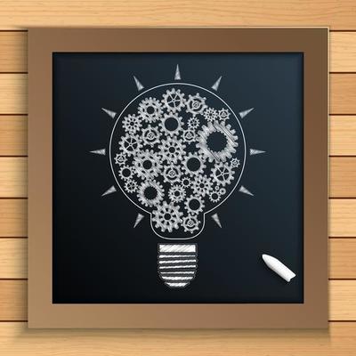 Bulb mechanism with cogs and gears written by chalk on blackboard