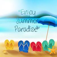 Summer beach of sandy beach with sandals collection and umbrella vector