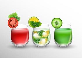 jugo de frutas en vasos con rebanadas de frutas frescas sobre vidrio vector