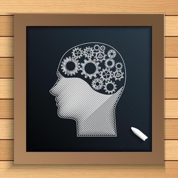 Human brain mechanism with cogs and gears written by chalk on blackboard.Vector vector