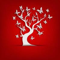 Paper tree and butterflies on red background vector