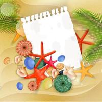 Starfish, shells and palm tree on sand background.Vector vector