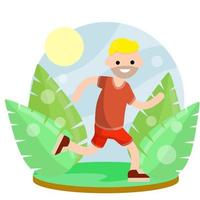 joven en pantalones cortos y camiseta. Estilo de vida activo. movimiento y caminar. ilustración plana de dibujos animados. parque y naturaleza. hojas de plantas. temporada de verano. correr y deportes vector