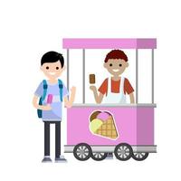 Man in cart with ice cream cone in hand. Trade sweet cold dessert. vector