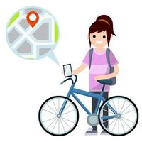 bicicleta con chica con mochila. mujer montando bicicleta. ilustración plana de dibujos animados. vector