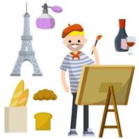 Set of typical France. Man artist in blue striped shirt, red beret, vector