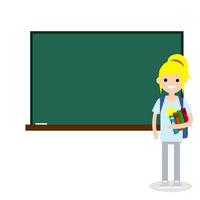 Female student with books and backpack in high school at clean Board vector