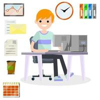 Man sitting at computer in office. Cartoon flat illustration. vector