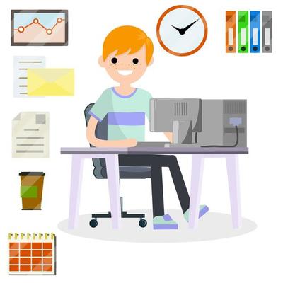 Man sitting at computer in office. Cartoon flat illustration.