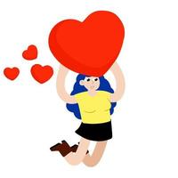 Woman jump with heart. Young female character. Romance and love. vector