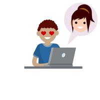 Man in love sitting at table with laptop. boyfriend and girlfriend email. vector