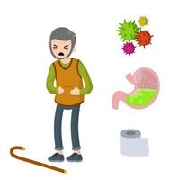 Medical assistance in case of poisoning. Old man holding belly. Poor nutrition of senior. Health problem. Diarrhea, upset stomach. Set of indigestion Icons. Toilet paper, virus, bacteria and microbe vector