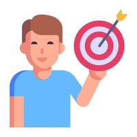 Man with dartboard, flat icon of personal goal