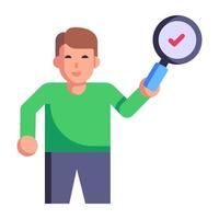 Person holding magnifier denoting flat icon of checking vector