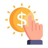 Hand clicking on coin, concept of ppc flat icon vector