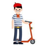 Young french man with scooter. Modern Hobbies and sports. Urban transport. vector