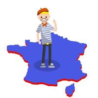 típico francés. hombre con camiseta azul a rayas en el mapa vector