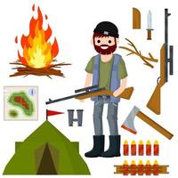 Man hunter with a gun. Survival kit in woods. Equipment for hunting vector