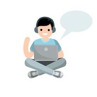 Man sit with laptop. Work freelance and programmer. vector