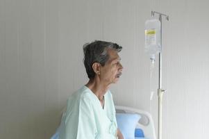 Portrait of senior patient lying on bed in hospital, healthcare and medical concept photo
