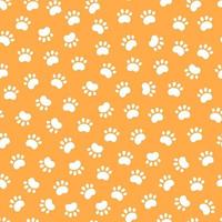 Seamless dog pattern with paw prints. Cat foots texture. Pattern with doggy pawprints. Orange dog texture. Hand drawn vector illustration in doodle style on orange background