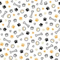 patrón de perro sin fisuras con huellas de patas, huesos, corazones y bolas. textura de pie de gato. sin fisuras con huella de perro y huesos. textura de perro ilustración vectorial dibujada a mano en estilo garabato sobre fondo blanco vector