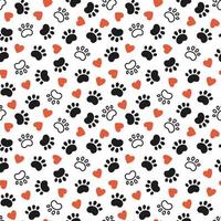 Seamless dog pattern with paw prints and red hearts. Cat foot texture. Pattern with doggy pawprint and hearts. Dog texture. Hand drawn vector illustration in doodle style on white background