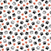 Seamless dog pattern with paw prints and red hearts. Cat foot texture. Pattern with doggy pawprint and hearts. Dog texture. Hand drawn vector illustration in doodle style on white background