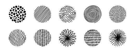 Hand drawn circles with doodle texture. Modern abstract set black round shape with lines, circles, drops. Hand drawn organic doodle shapes. Colletion vector illustrations isolated on white background