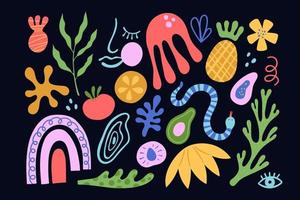 Organic blobs, tropic fruits, leaves, woman face and coral in matisse style. Set of trendy doodle abstract elements. Bundle with natural shapes, random matisse collection. Vector illustration