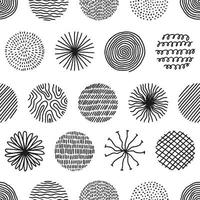 Hand drawn circles with doodle texture. Modern abstract seamless pattern with black organic round shapes with lines, circles, drops. Vector illustration on white background
