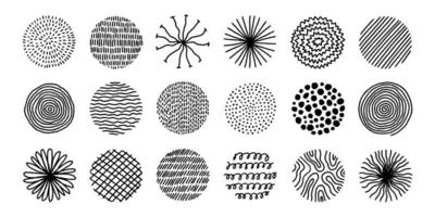 Hand drawn circles with doodle texture. Modern abstract set black round shape with lines, circles, drops. Hand drawn organic doodle shapes. Colletion vector illustrations isolated on white background