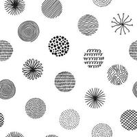 Hand drawn circles with doodle texture. Modern abstract seamless pattern with black organic round shapes with lines, circles, drops. Vector illustration on white background