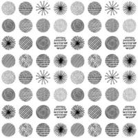 Hand drawn circles with doodle texture. Modern abstract seamless pattern with black organic round shapes with lines, circles, drops. Vector illustration on white background