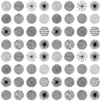 Hand drawn circles with doodle texture. Modern abstract seamless pattern with black organic round shapes with lines, circles, drops. Vector illustration on white background