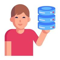 Person holding server, flat icon of data administrator vector