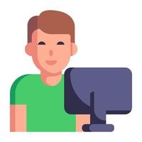 Man in front of monitor, flat icon of computer user vector