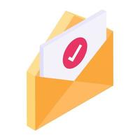 Tick mark over mail, received mail isometric icon vector