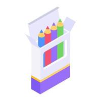 lápices de colores en una caja, icono isométrico vector