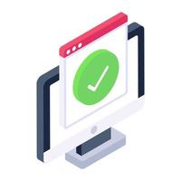 Verify website icon in isometric design, check mark on web page vector