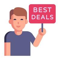 Man holding placard with best deals, flat icon vector