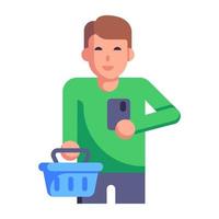 Flat icon denoting man with shopping bag, shopper vector