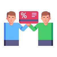 Two persons sharing loyalty card flat icon vector