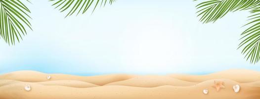 Bright summer beach banner background with coconut palm tree leaves at borders