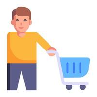 hombre con carrito de compras icono plano vector