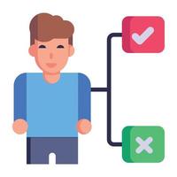 Person standing with tick and cross bubble, concept of choices flat icon vector