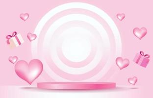 Pink stage for placing products. Empty cylinder podium. Concept of love or Valentine's Day. Sweet pink background decorated with hearts, Gift boxes, and shopping bags. Designed for background, banner vector