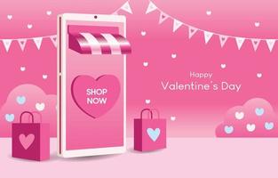 tienda en línea en el concepto de amor o san valentín. teléfonos móviles, corazones, carritos, cartas de amor y cajas de regalo representan el amor en un fondo rosa. aplicación de compras en el teléfono inteligente. diseño para banner, anuncio, web. vector